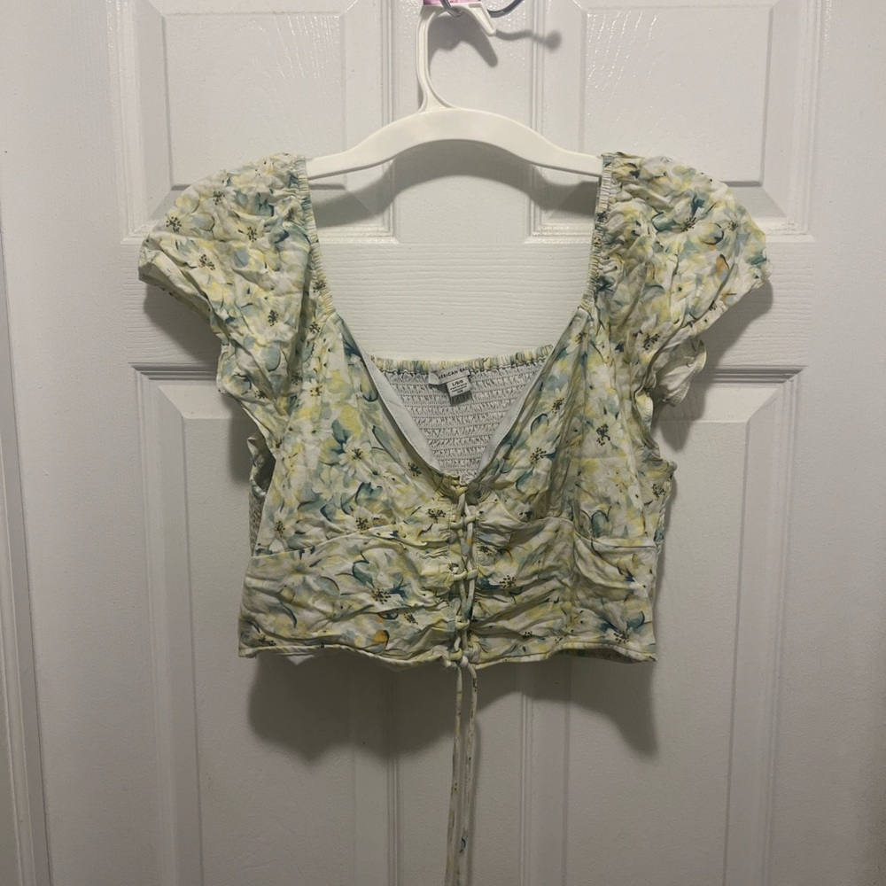 American Eagle Outfitters Floral Ruched Blouse - Yellow and Green